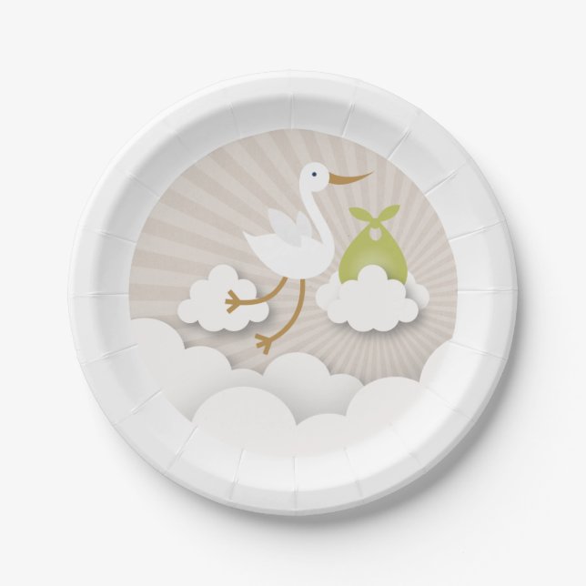 Assiettes En Carton Cigogne + Nuages avec le baby shower vert de (Devant)