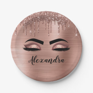 Assiettes En Carton Cils avec Nom en Monogramme Paillettes Rose Gold