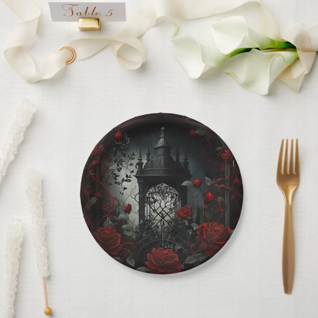 Assiettes En Carton Cimetière gothique Jardin Rose avec Rouge et Noir (Mariage)