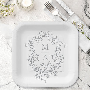 Assiettes En Carton Cimier floral gris classique Monogramme Mariage