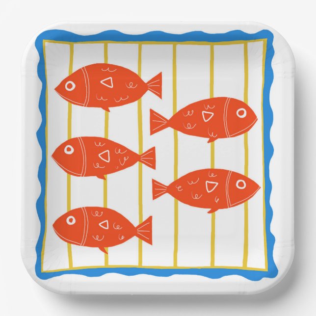Assiettes En Carton Cinq poissons amusants conception nautique (Recto)