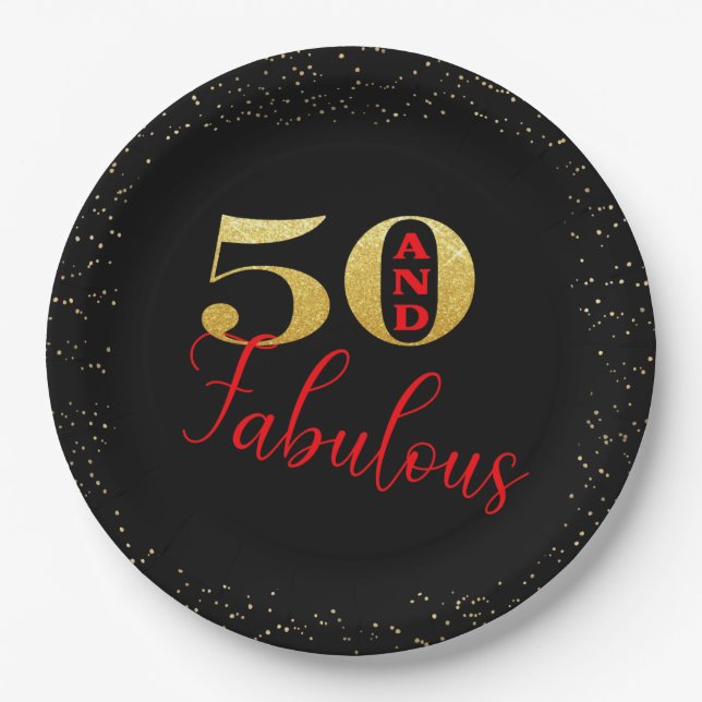 Assiettes En Carton Cinquante Et Fabuleux Black Red Gold Parties scint (Devant)