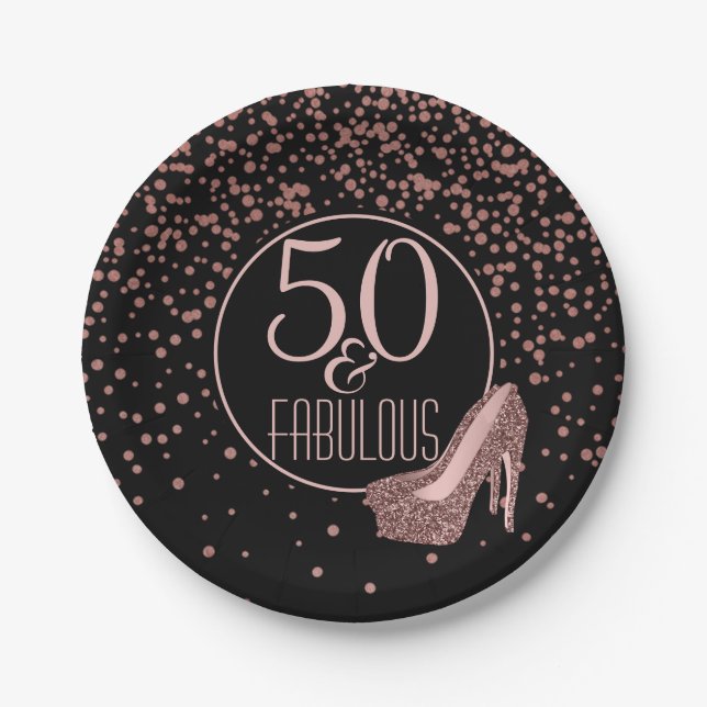 Assiettes En Carton Cinquantième noir rose fabuleux d'or de la fête (Devant)