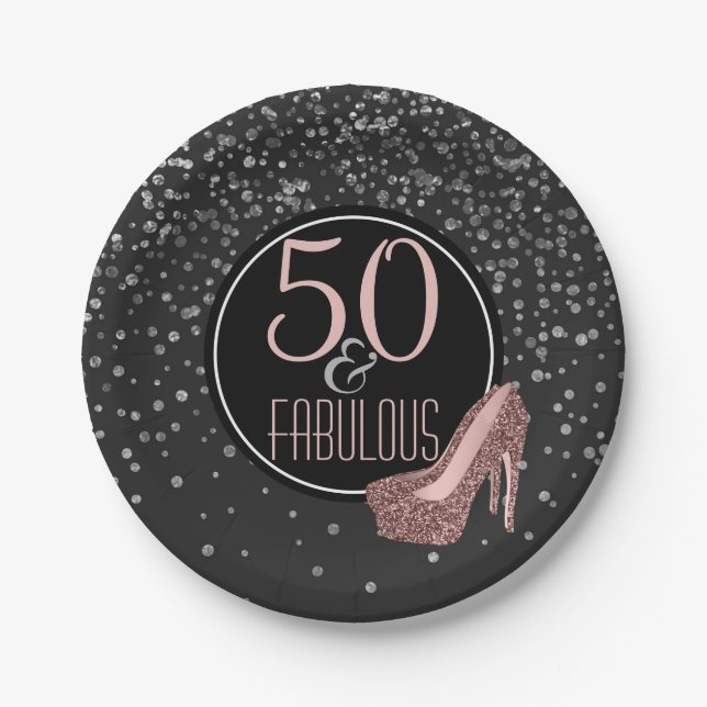 Assiettes En Carton Cinquantième rose argenté noir fabuleux de la fête (Devant)