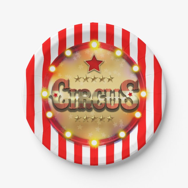 Assiettes En Carton Circus Party Event Rouge Blanc Or rayé Chic (Devant)