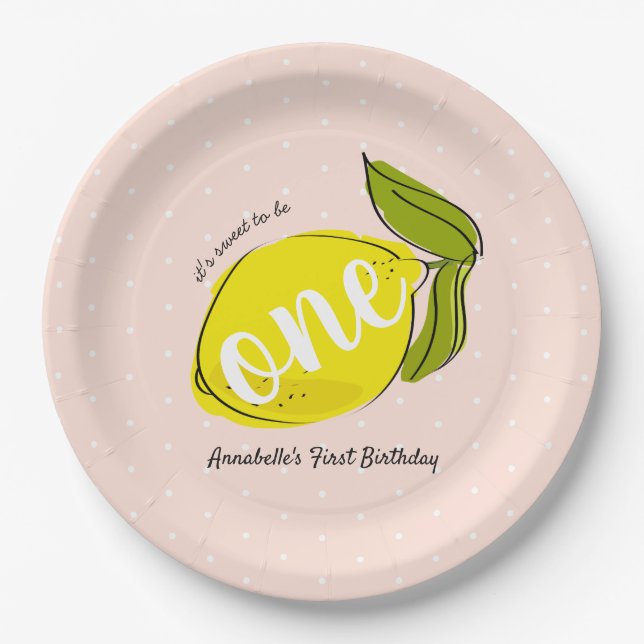 Assiettes En Carton Citron 1er Anniversaire Plaque en papier rose (Devant)