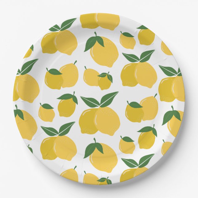 Assiettes En Carton Citron Motif Fruit Rétro Jaune Sur Blanc (Devant)