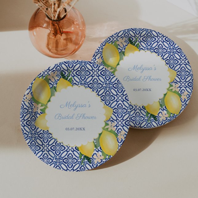 Assiettes En Carton Citrons Amalfi Bleu Blanc Italie Carreaux Salle de (Amalfi Lemon Blue Tile Bridal Shower Party Paper Plates)