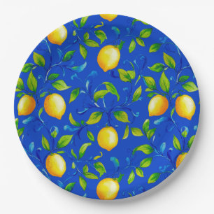 Assiettes En Carton Citrons de jardin italien ensoleillé. Ciel bleu.