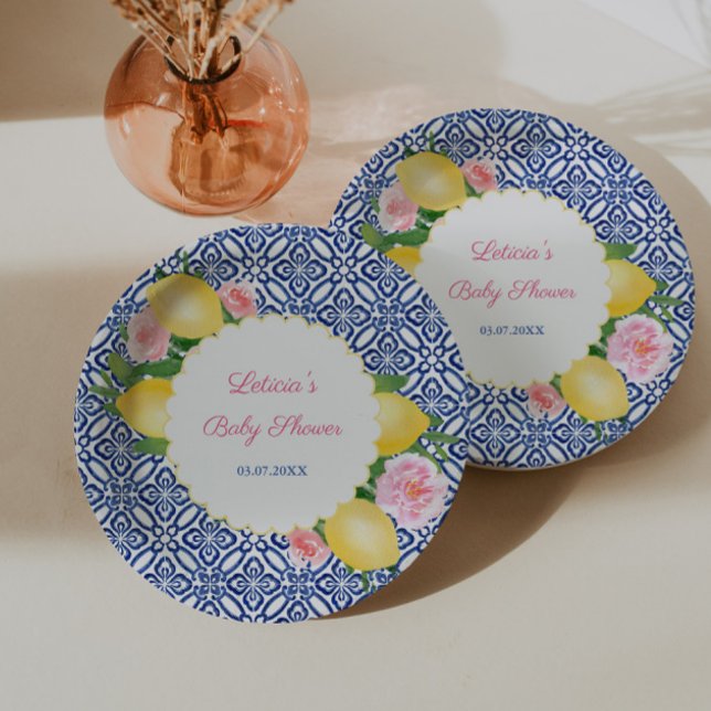 Assiettes En Carton Citrons De Positano Avec Carrelage Bleu Et Flore R (Positano lemons with pink flowers and blue white tile print baby girl shower party paper plates)