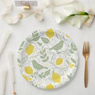 Assiettes En Carton Citrons, Feuilles et oiseaux frais ID1052