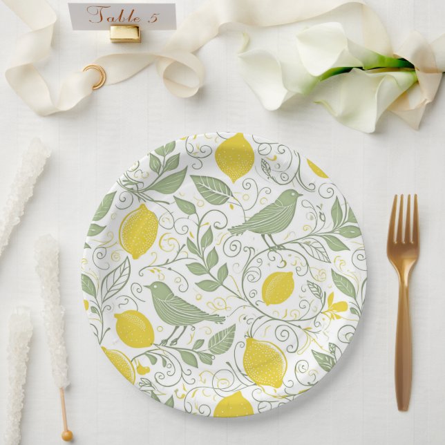 Assiettes En Carton Citrons, Feuilles et oiseaux frais ID1052 (Mariage)