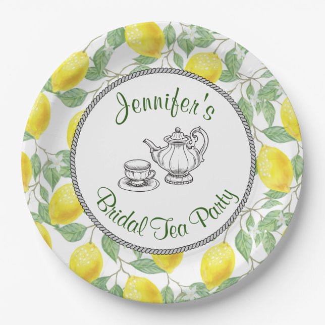 Assiettes En Carton Citrons jaunes avec Tea Party Feuille vert (Devant)