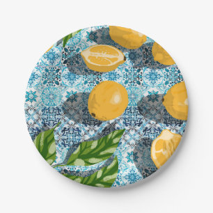 Assiettes En Carton Citrons juteux sur bleu marocain