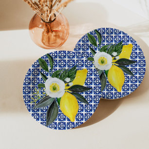 Assiettes En Carton Citrons Méditerranéens Carreau Bleu