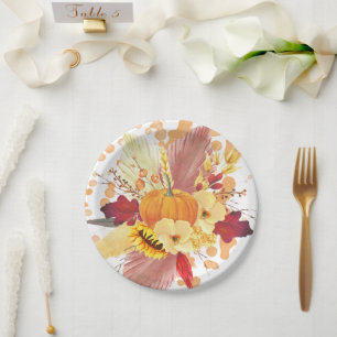 Assiettes En Carton Citrouille aquarelle et Thanksgiving floral
