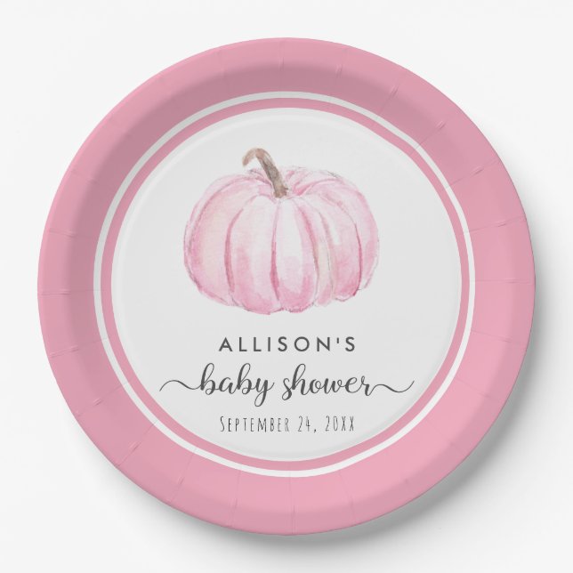 Assiettes En Carton Citrouille Aquarelle rose bébé fille Douche (Devant)