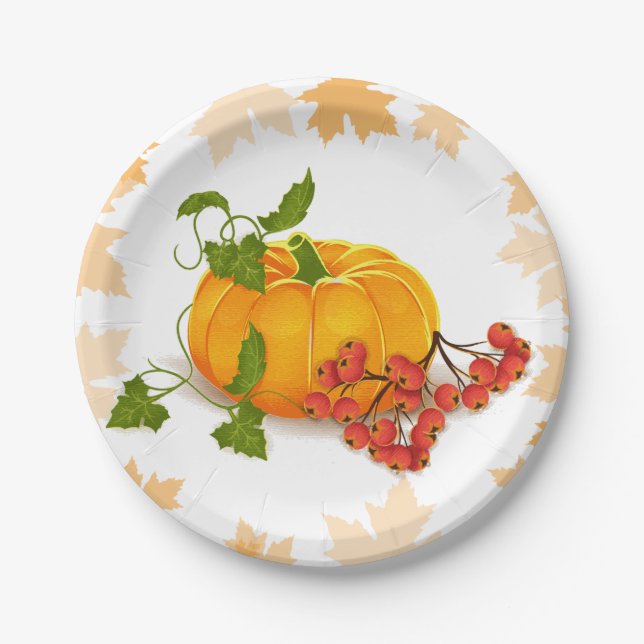 Assiettes En Carton Citrouille, baies et feuilles tombent Thanksgiving (Devant)