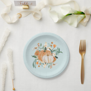 Assiettes En Carton Citrouille d'automne Baby shower bleu,