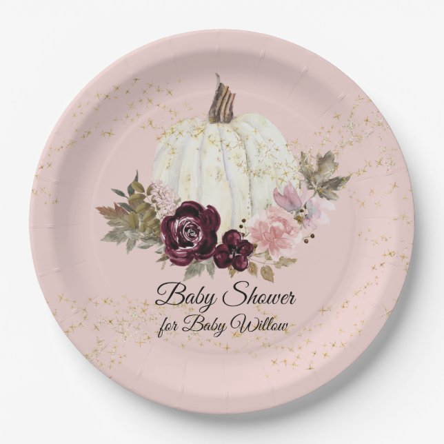Assiettes En Carton Citrouille de Baby shower flou d'or de Bourgogne (Devant)