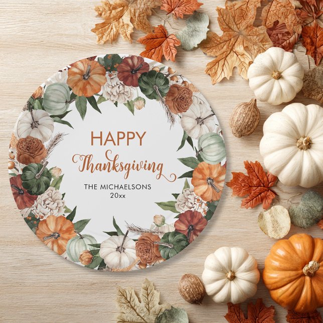 Assiettes En Carton Citrouille de Bon thanksgiving rustique (Rustic Happy Thanksgiving Pumpkin Paper Plates)