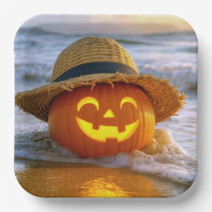 Assiettes En Carton Citrouille de Halloween sur la plage