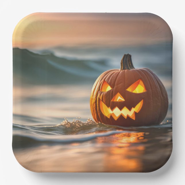 Assiettes En Carton Citrouille d'Halloween sur le rivage (Recto)