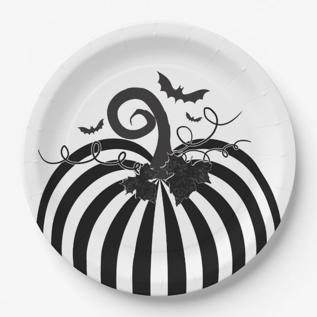 Assiettes En Carton Citrouille noir blanc rayé et chauves-souris Hallo (Devant)