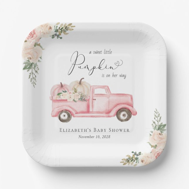Assiettes En Carton Citrouille Pink Floral Camion Baby Girl Douche (Recto)