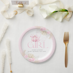 Assiettes En Carton Citrouille rose fille Floral Bow Baby shower Bienv