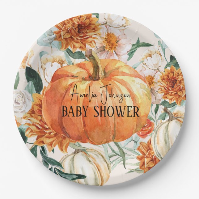 Assiettes En Carton Citrouille rustique Automne fleuri Baby shower d'a (Devant)