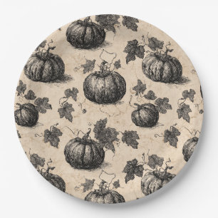 Assiettes En Carton Citrouille vintage et Motif de gravure de vigne (2