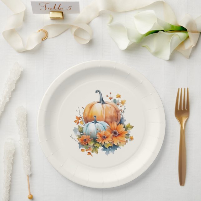 Assiettes En Carton Citrouilles d'automne avec Fleurs et Foliage (Mariage)