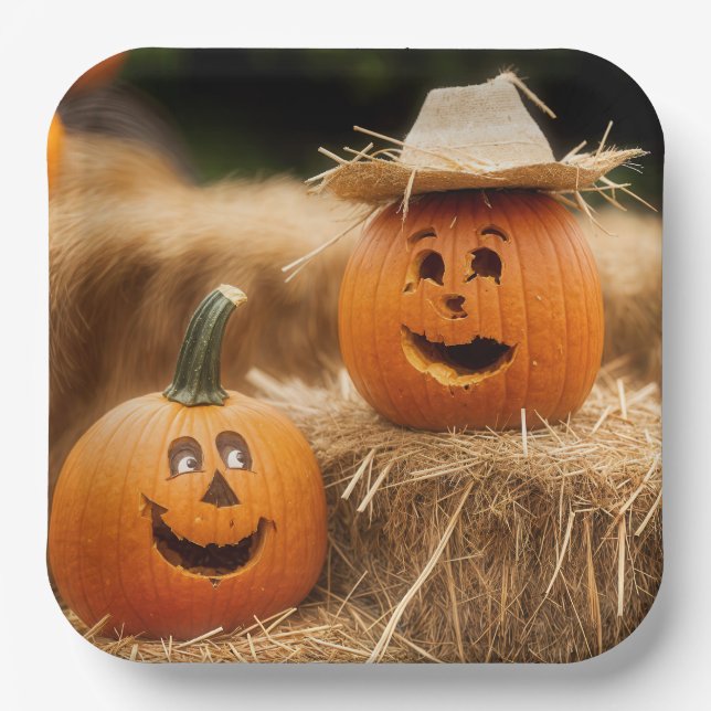 Assiettes En Carton Citrouilles d'automne sur Hay Bales (Recto)