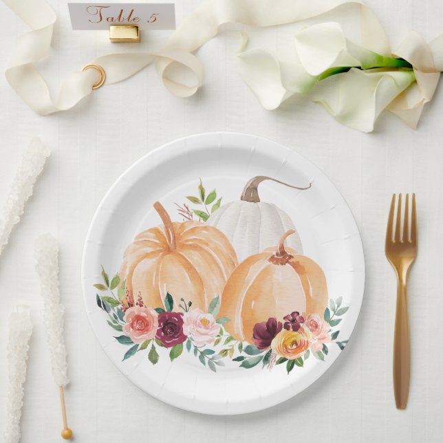Assiettes En Carton Citrouilles de chute d'aquarelle et fleurs de saum (Mariage)