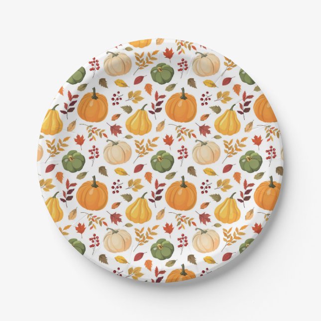 Assiettes En Carton Citrouilles de récolte et Motif de feuilles d'auto (Devant)