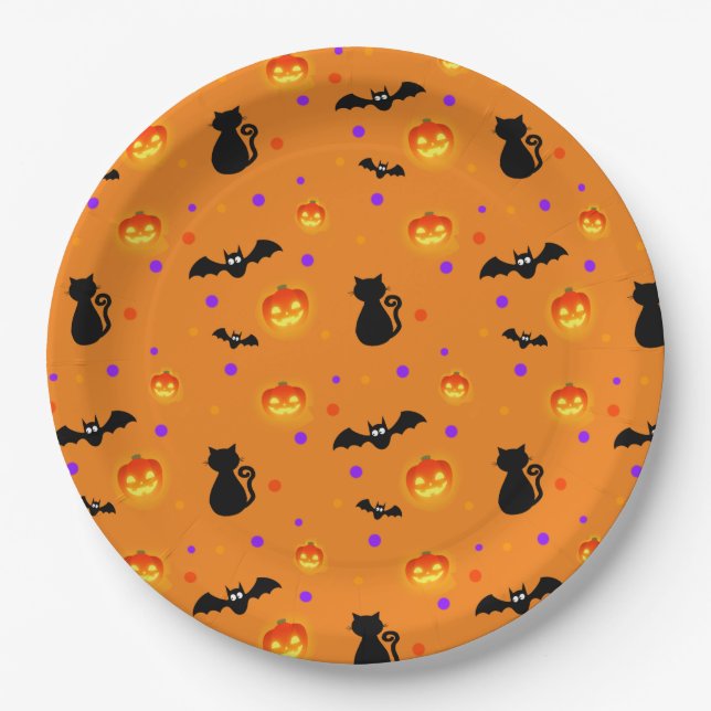 Assiettes En Carton Citrouilles d'Halloween, chauves-souris et chats e (Devant)