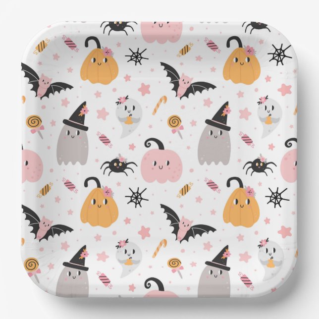 Assiettes En Carton Citrouilles d'Halloween, chauves-souris, fantôme,  (Recto)