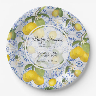 Assiettes En Carton Citrus citron Folial Bleu Baby shower blanc