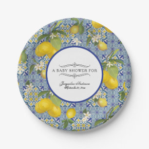 Assiettes En Carton Citrus floral citron Baby shower bleu blanc