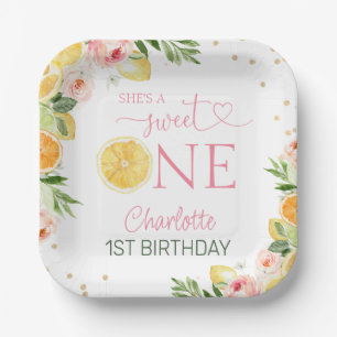 Assiettes En Carton Citrus floral rose 1er Anniversaire Plaque papier