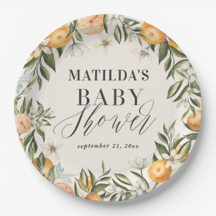 Assiettes En Carton Citrus, orange + fleurs décor baby shower
