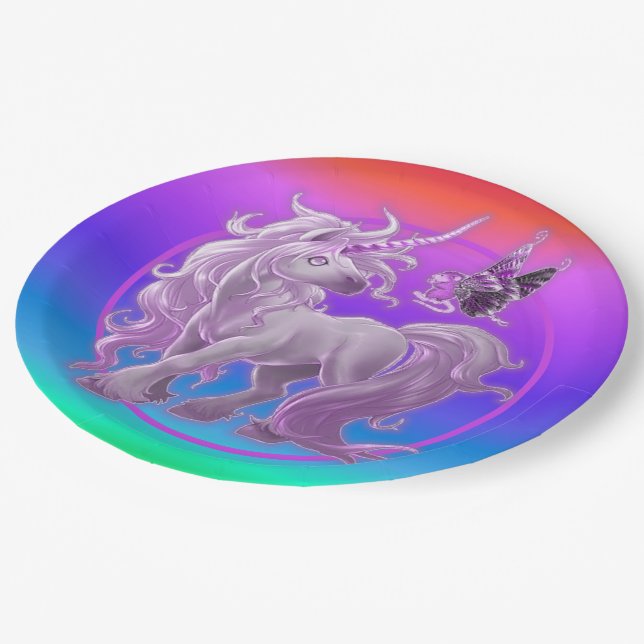Assiettes En Carton Clair Pastel Rainbow Pink Unicorne (Angle)