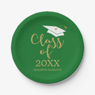 Assiettes En Carton Classe 2021 Calligraphie Verte Pailletée Or