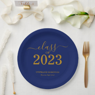 Assiettes En Carton Classe de 2023 Gold Navy Blue Graduation Party