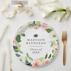 Assiettes En Carton Classe de 2023 Graduation Elegant Blush Pink Flora