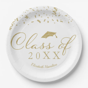 Assiettes En Carton Classe De 2024 Gold Script Graduation Party Blanc