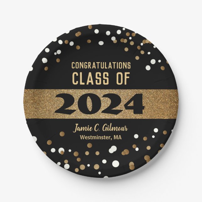 Assiettes En Carton Classe de 2024 Graduation or noir blanc confetti (Devant)