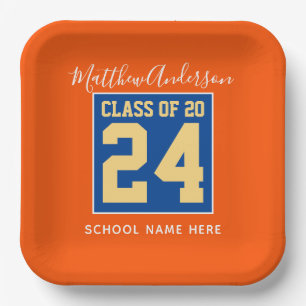 Assiettes En Carton Classe de 2024 Orange Blue & Gold Graduation Party