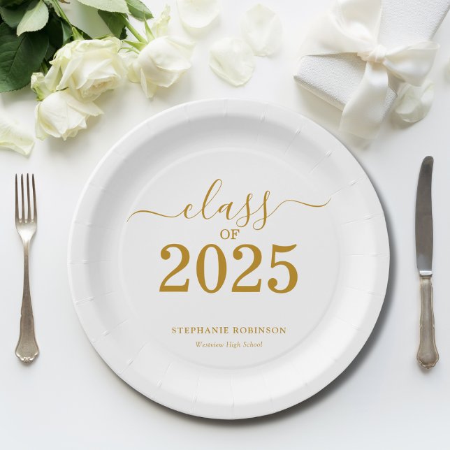 Assiettes En Carton Classe de 2025 Gold Script Graduation (Créateur téléchargé)